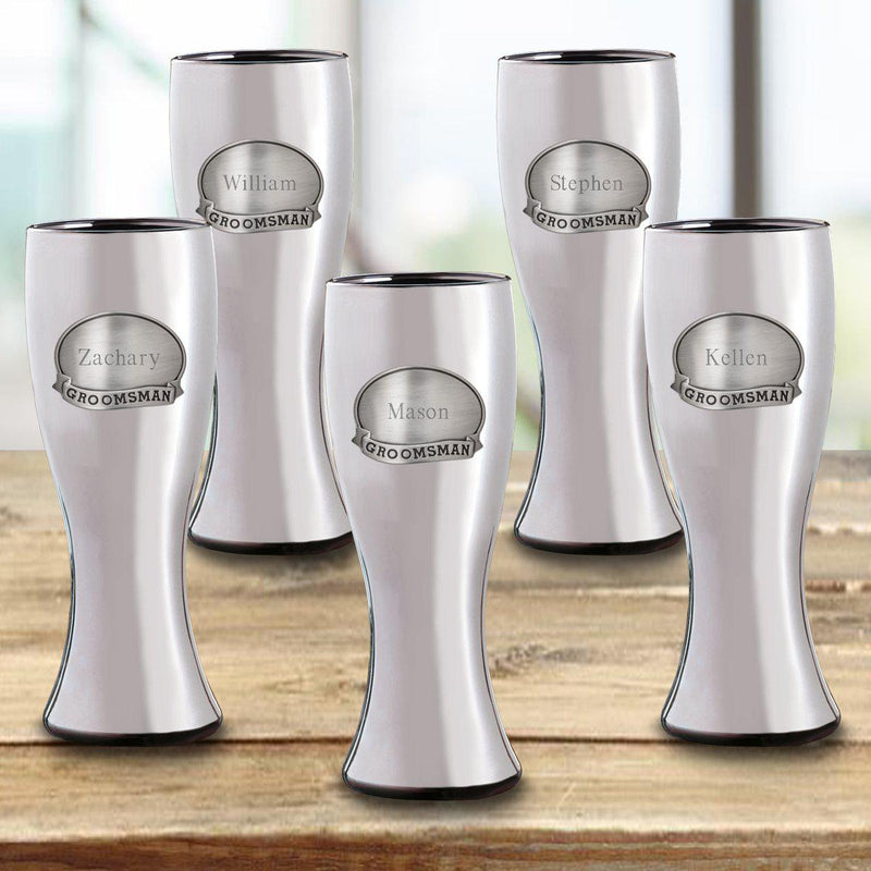 Set of 5 Groomsman Gunmetal Pilsner Glasses with Pewter Medallion