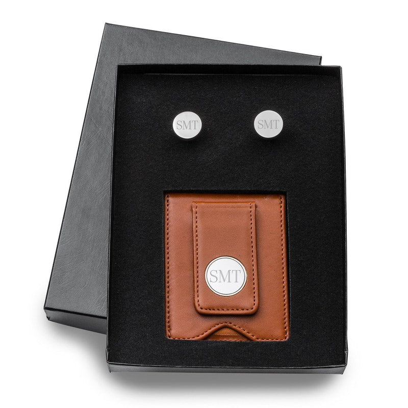 Personalized Brown Leather Wallet & Pin Stripe Cuff Links Gift Set-