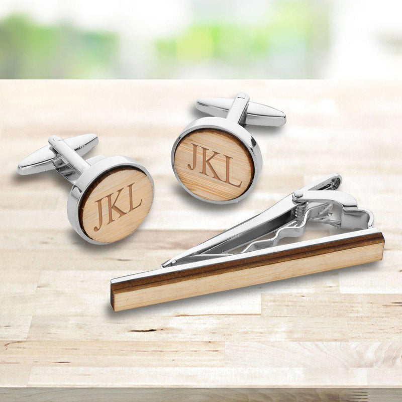 Personalized Bamboo Cufflinks and Tie Clip Set
