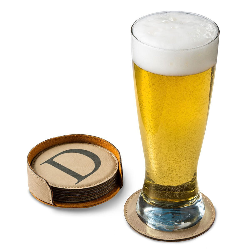 Personalized Light Brown Round Leatherette Coaster Set-Default-