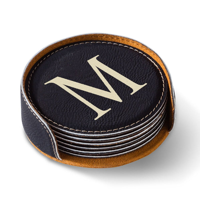 Personalized Black Round Leatherette Coaster Set-Default-