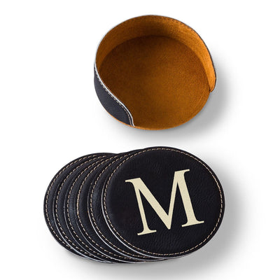 Personalized Black Round Leatherette Coaster Set-Default-