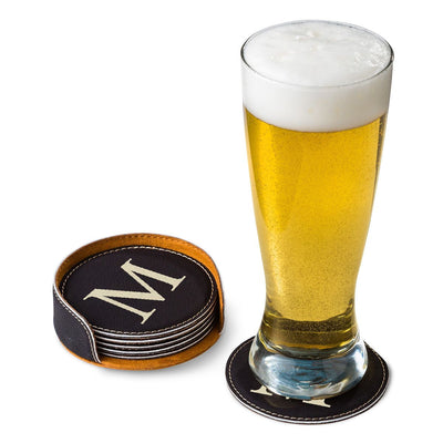 Personalized Black Round Leatherette Coaster Set-Default-