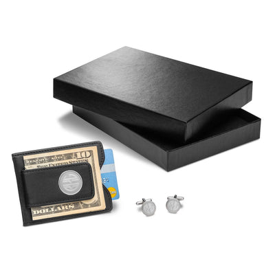Engraved Leather Wallet & Monogrammed Cufflinks Gift Set-