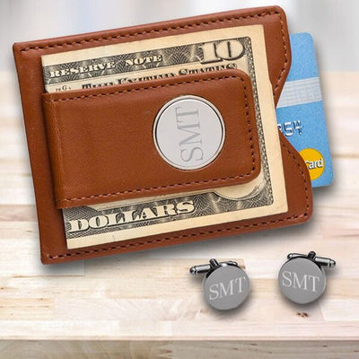 Personalized Brown Leather Wallet & Gunmetal Cuff Links Gift Set-Money Clips-JDS-