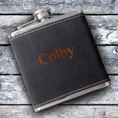 Personalized 6 oz. Suede Flask with Orange Lettering-