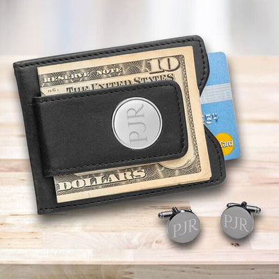 Groomsmen Personalized Black Leather Wallet & Gunmetal Cuff Links Gift Set-