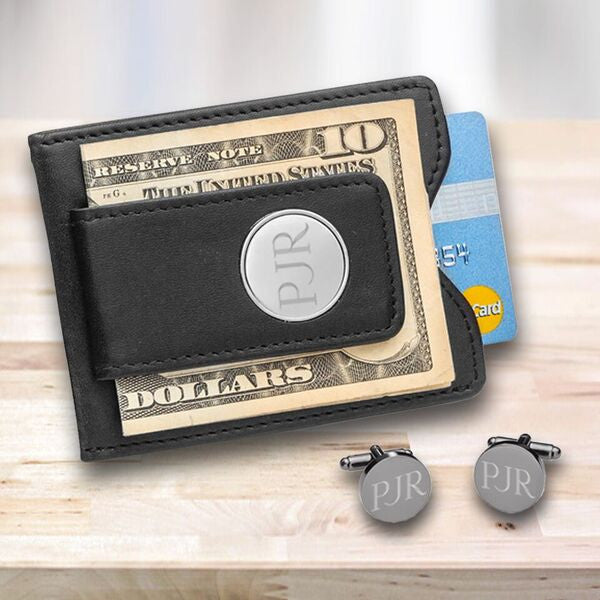 Groomsmen Personalized Black Leather Wallet & Gunmetal Cuff Links Gift Set-