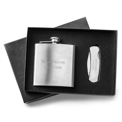 Engraved 6 oz. Stainless Steel Flask with Lock Back Knife Gift Set-Default-