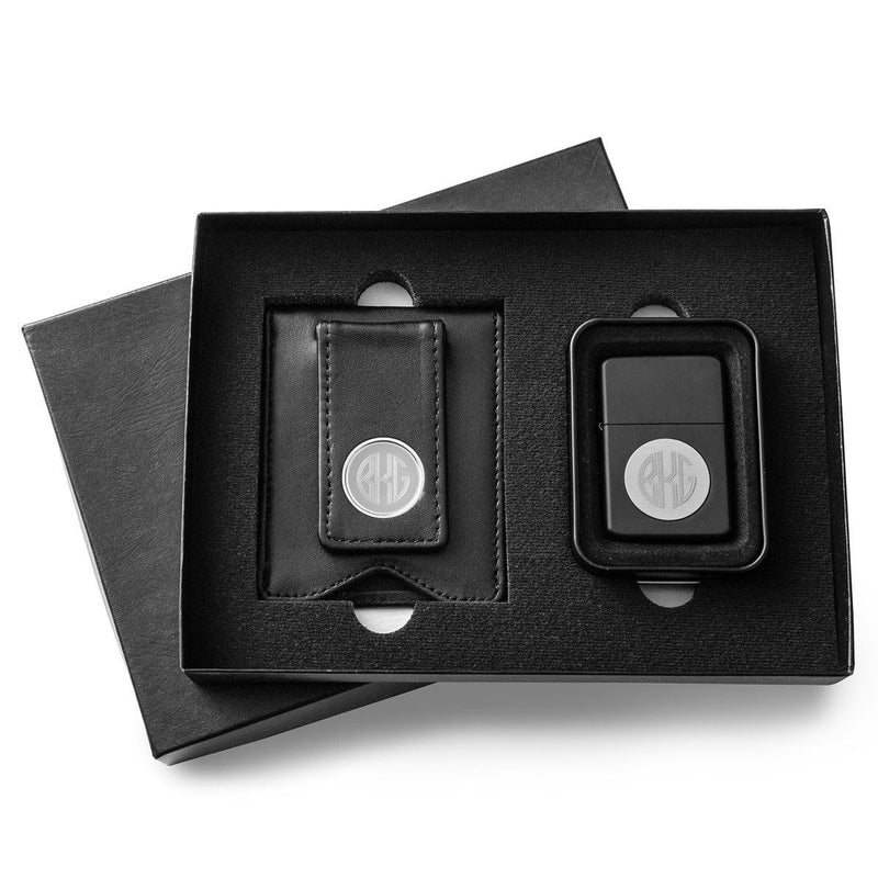 Personalized Black Leather Wallet & Black Lighter Set-