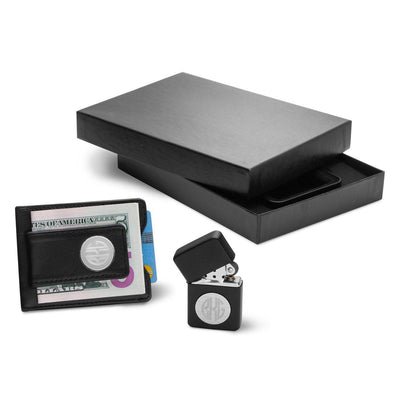 Personalized Black Leather Wallet & Black Lighter Set-