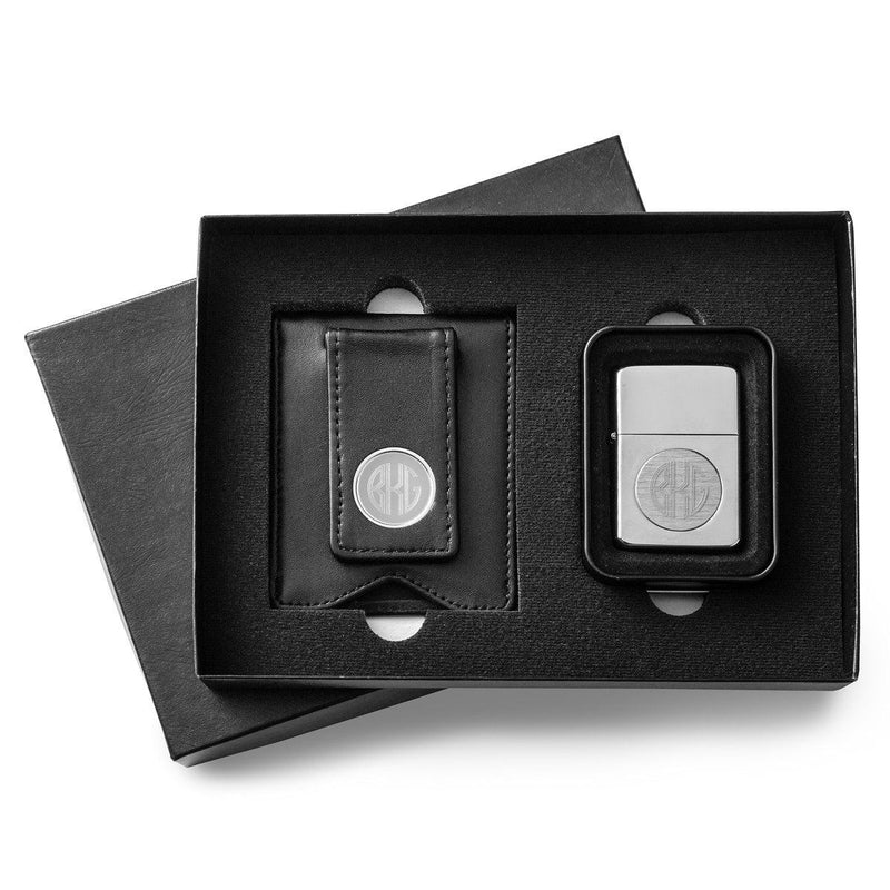 Personalized Black Leather Wallet & Chrome Lighter Set-Default-