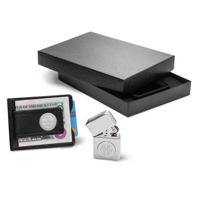 Personalized Black Leather Wallet & Chrome Lighter Set-Default-