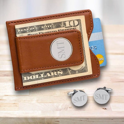 Personalized Brown Leather Wallet & Pin Stripe Cuff Links Gift Set-