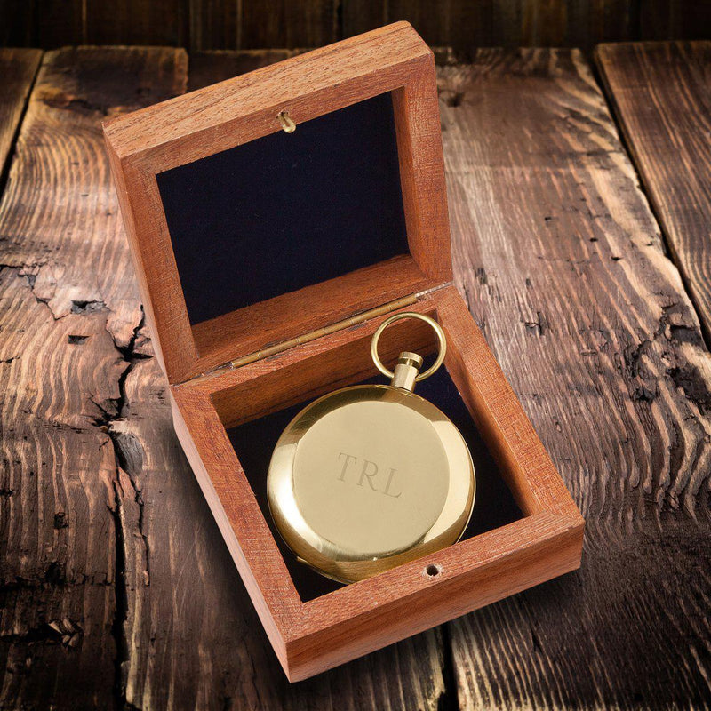 Personalized High Polish Gold Keepsake Compass with Wooden Box-Outdoors-JDS-3Initials-