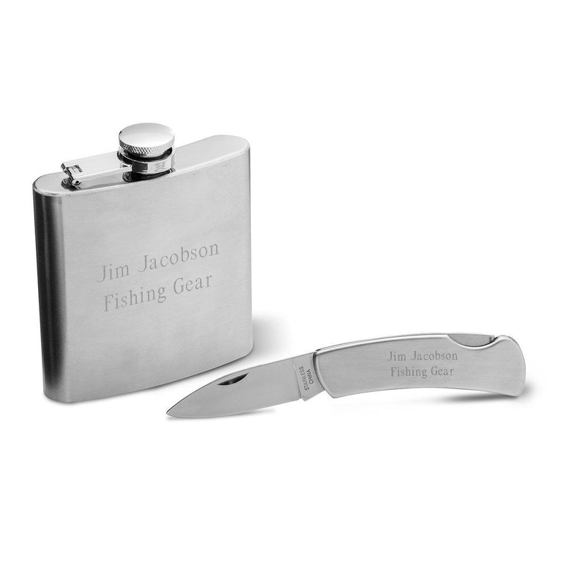 Engraved 6 oz. Stainless Steel Flask with Lock Back Knife Gift Set-Default-