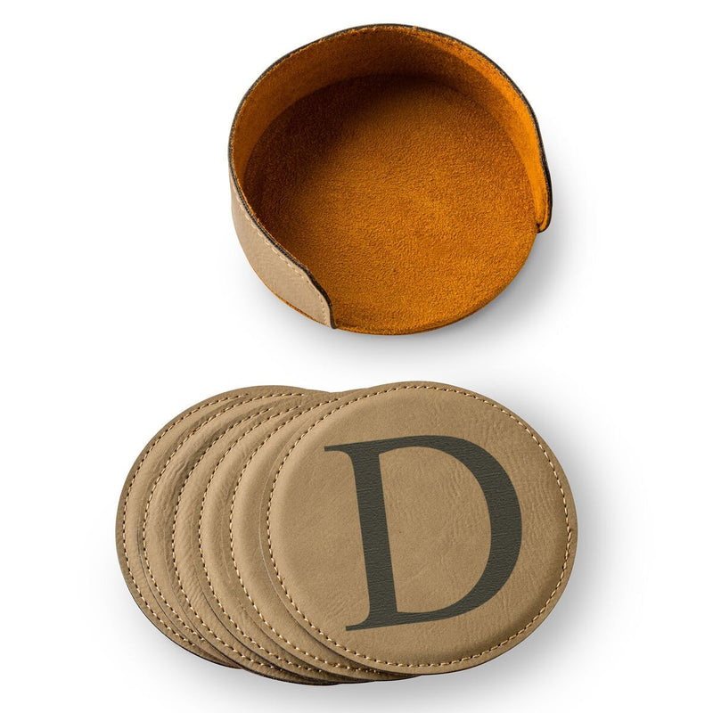 Personalized Light Brown Round Leatherette Coaster Set-Default-