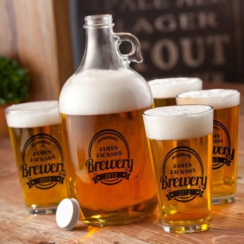 Personalized Growler - 4 Pint Glasses - Growler Set - 64 oz.-Brewery-