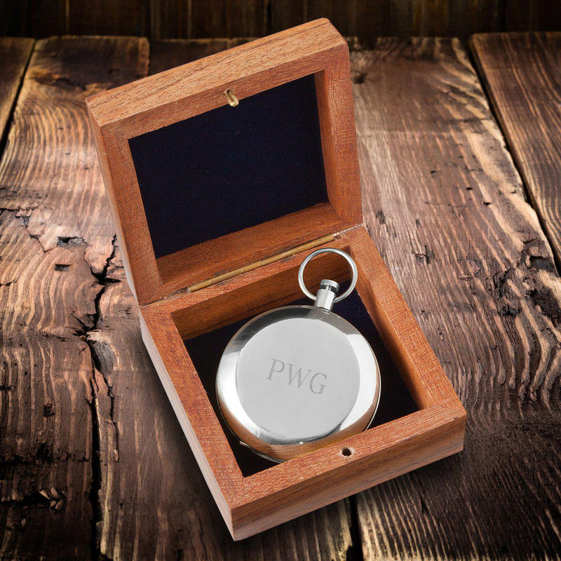 Personalized High Polish Silver Keepsake Compass with Wooden Box-Outdoors-JDS-3Initials-