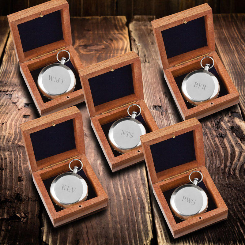 Personalized High Polish Silver Keepsake Compass with Wooden Box - Set of 5-Outdoors-JDS-3Initials-