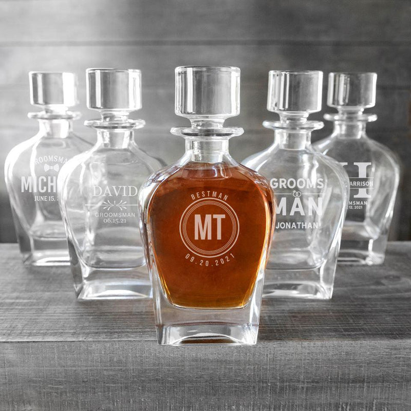 Set of 5 Personalized Antique Whiskey Decanters - Groomsman Designs