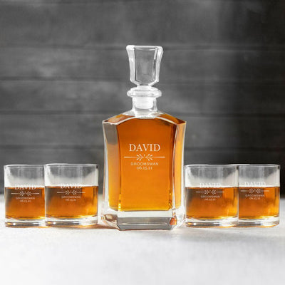 Personalized Groomsman Whiskey Decanter Set with 4 Lowball Glasses