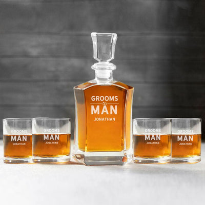 Personalized Groomsman Whiskey Decanter Set with 4 Lowball Glasses