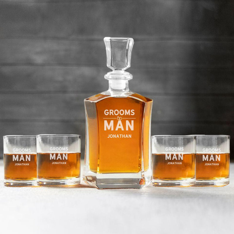 Personalized Groomsman Whiskey Decanter Set with 4 Lowball Glasses