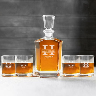 Personalized Groomsman Whiskey Decanter Set with 4 Lowball Glasses
