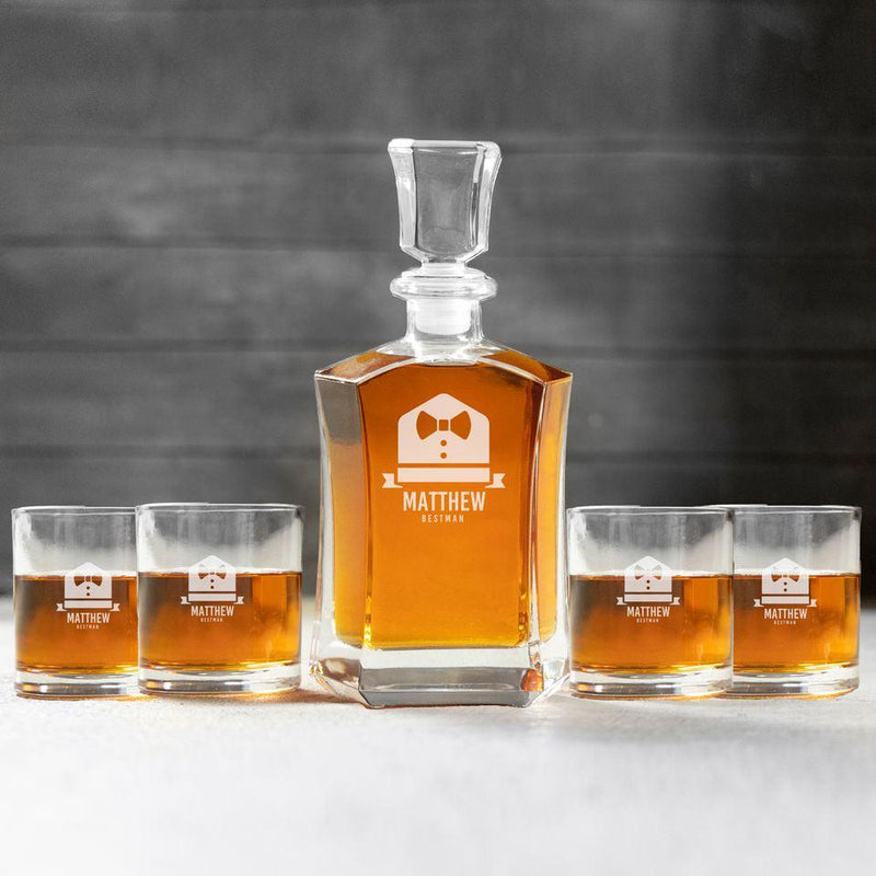 Personalized Best Man Whiskey Decanter Set with 4 Lowball Glasses