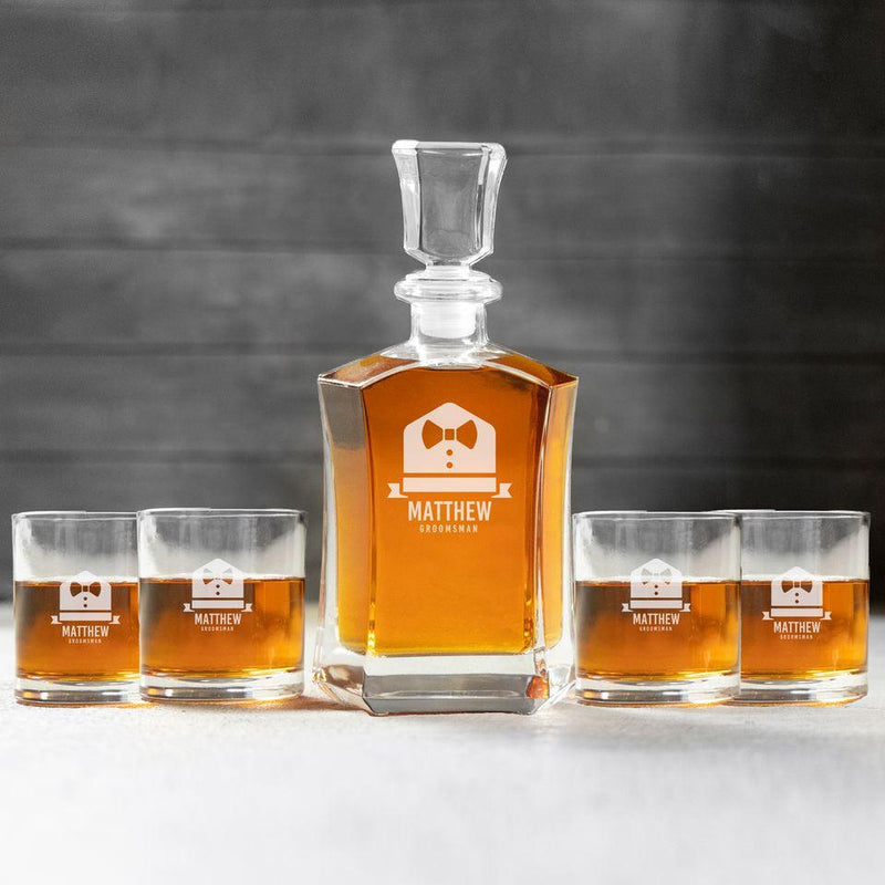 Personalized Groomsman Whiskey Decanter Set with 4 Lowball Glasses