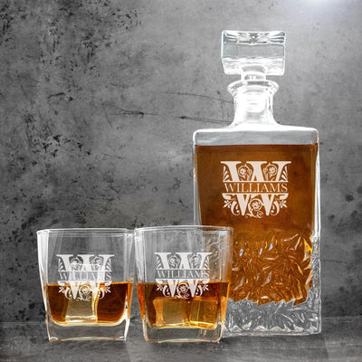 Personalized Kinsale Decanter Set with 2 Square Cocktail Glasses