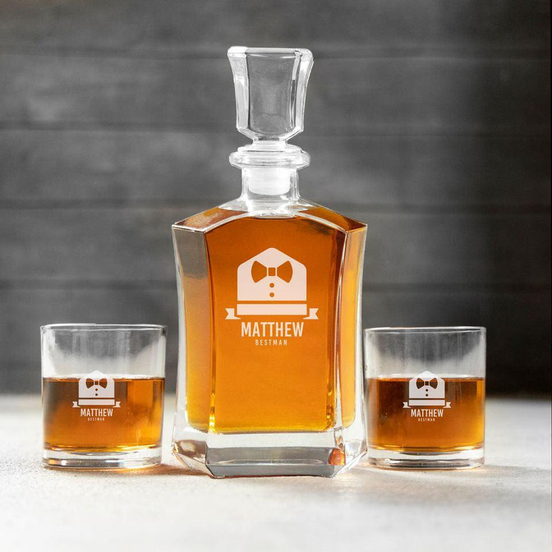 Personalized Best Man Whiskey Decanter Set with 2 Lowball Glasses