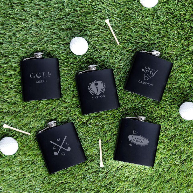 Groomsmen Gift Set of 5 Personalized Black Golf Flasks