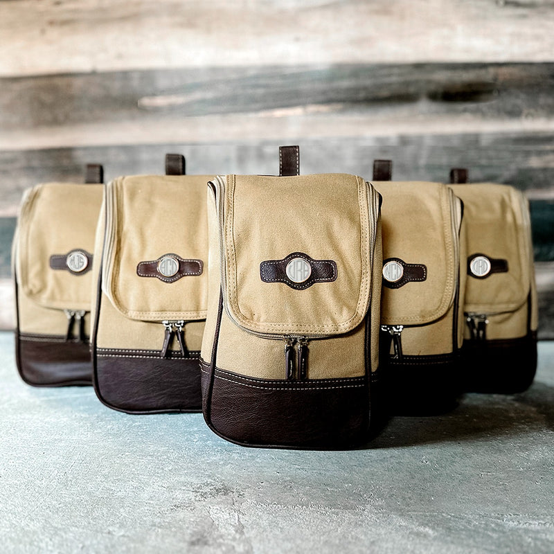 Personalized Canvas & Leather Shaving Travel Bags for Groomsmen - Set of 5
