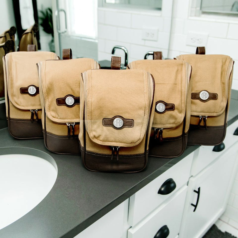 Personalized Canvas & Leather Shaving Travel Bags for Groomsmen - Set of 5