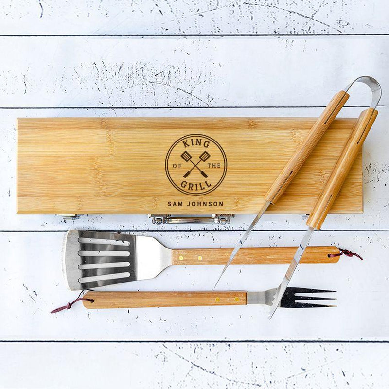 Personalized Grilling Set with Bamboo Case - 12 Designs