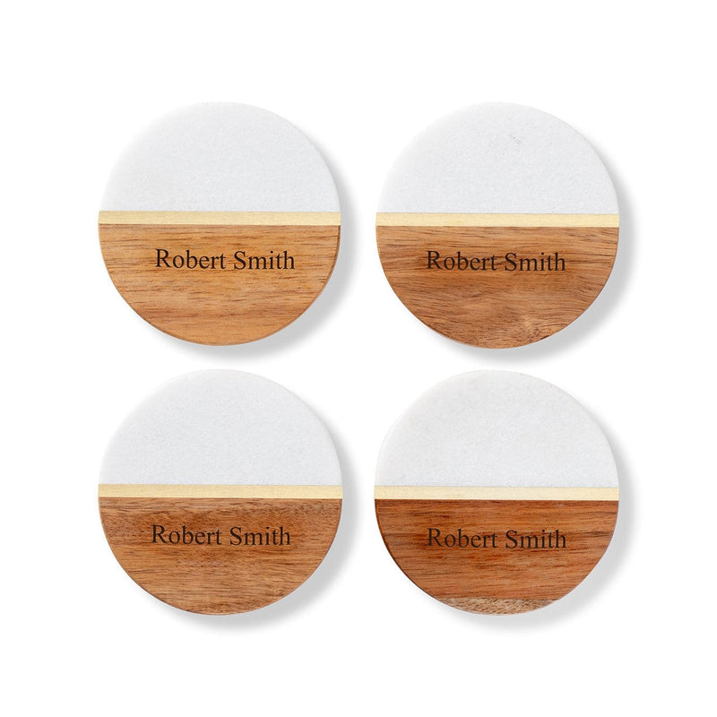 Personalized Marble And Acacia Coaster Set