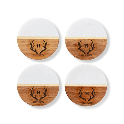 Personalized Marble And Acacia Coaster Set