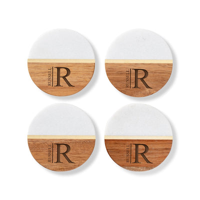 Personalized Marble And Acacia Coaster Set