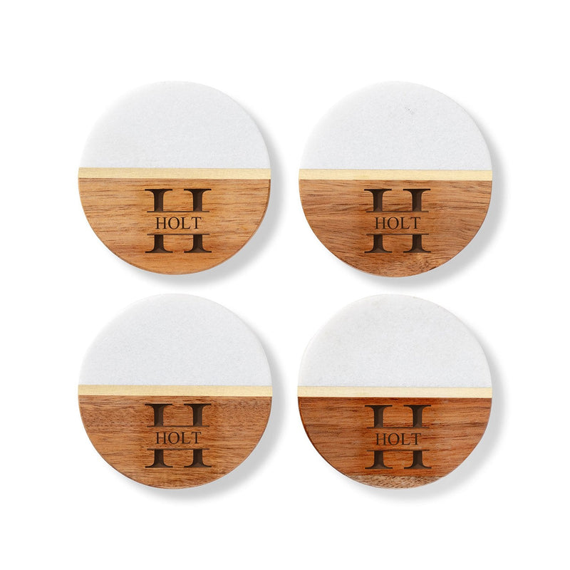 Personalized Marble And Acacia Coaster Set